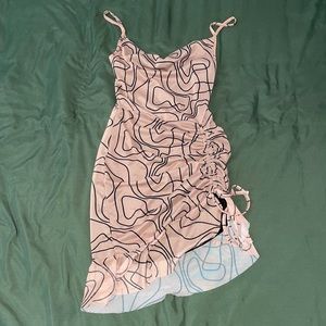 Nude Abstract Line Print Ruched Cowl Neck Dress